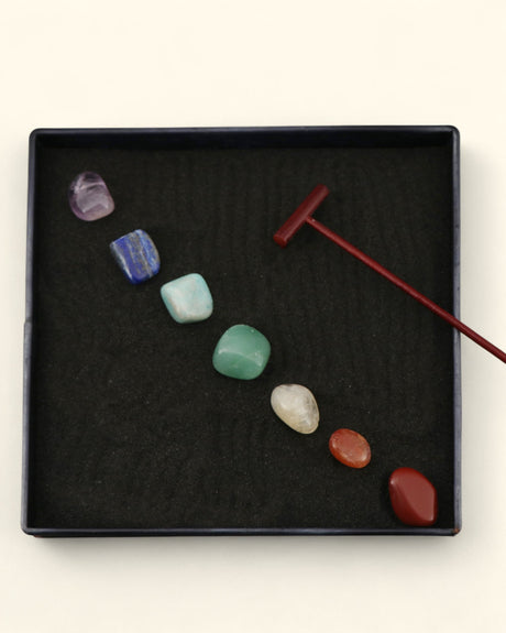 Chakra Stone Zen Garden – Mini Tabletop Meditation Kit with Black Sand and Rake - Sand Boxes