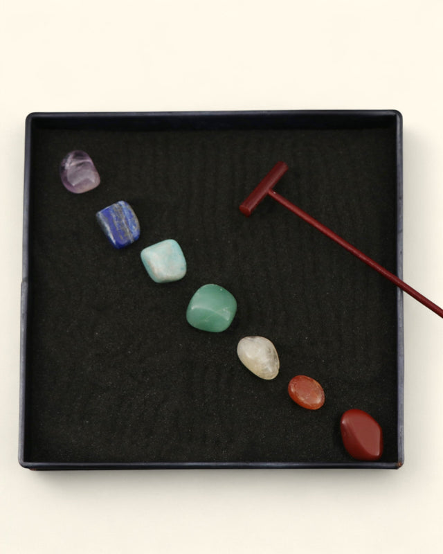 Chakra Stone Zen Garden – Mini Tabletop Meditation Kit with Black Sand and Rake - Sand Boxes