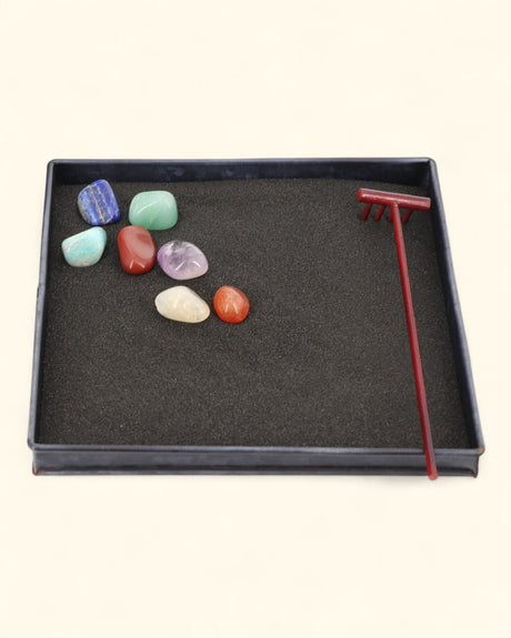 Chakra Stone Zen Garden – Mini Tabletop Meditation Kit with Black Sand and Rake - Sand Boxes