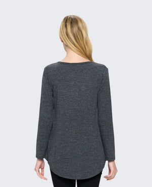 Back view of charcoal grey women's long sleeve tunic top showing rounded curved hem and plain heathered knit fabric
