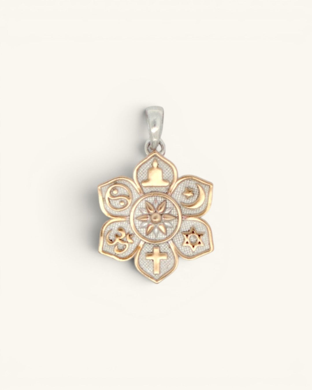 Coexist Harmony Lotus Pendant front view, rose-gold unity symbols including cross, Om, crescent, and Star of David on silver petals