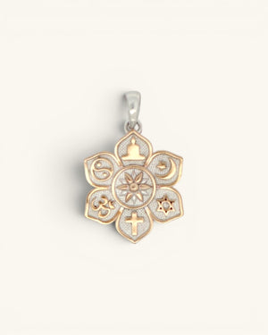 Coexist Harmony Lotus Pendant front view, rose-gold unity symbols including cross, Om, crescent, and Star of David on silver petals