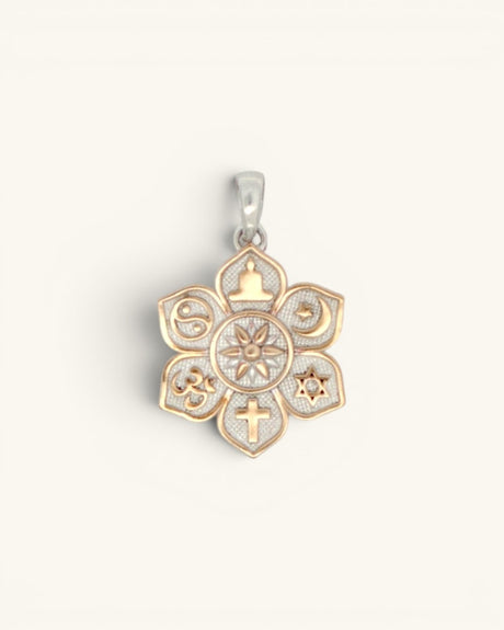 Coexist Harmony Lotus Pendant front view, rose-gold unity symbols including cross, Om, crescent, and Star of David on silver petals