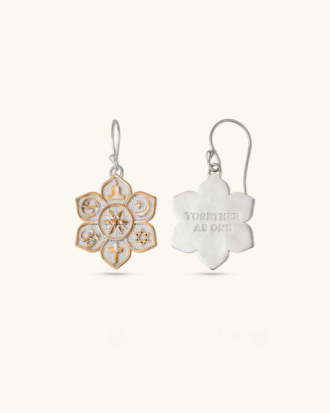 Coexist Harmony Earrings front and back views, back reveals engraved Together As One inscription on smooth silver lotus shape