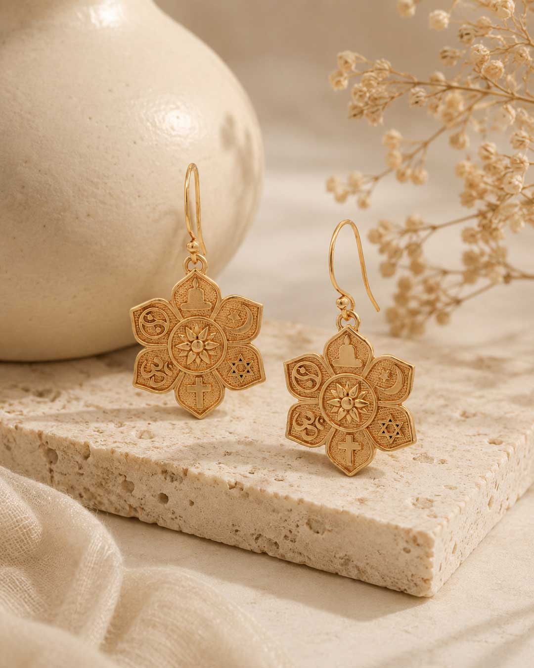 Coexist Lotus Earrings — 18K Gold Plated Brass Symbol Drops