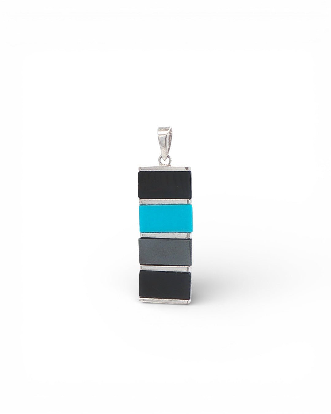 Color Block Protection Pendant – Sterling Silver with Onyx, Hematite & Turquoise Inlay - Charms & Pendants