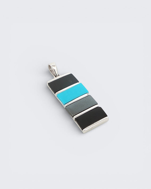 Color Block Protection Pendant – Sterling Silver with Onyx, Hematite & Turquoise Inlay - Charms & Pendants