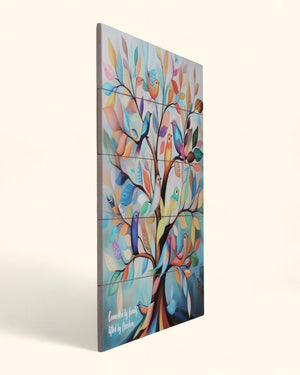 Colorful Family Tree of Life Wall Art – Multicolored Birds on Wood Panel with Quote - Posters, Prints, & Visual Artwork