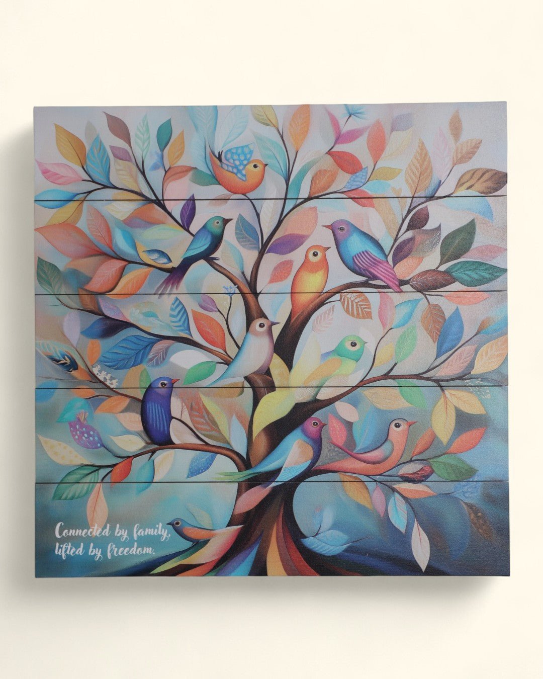 Colorful Family Tree of Life Wall Art – Multicolored Birds on Wood Panel with Quote - Posters, Prints, & Visual Artwork