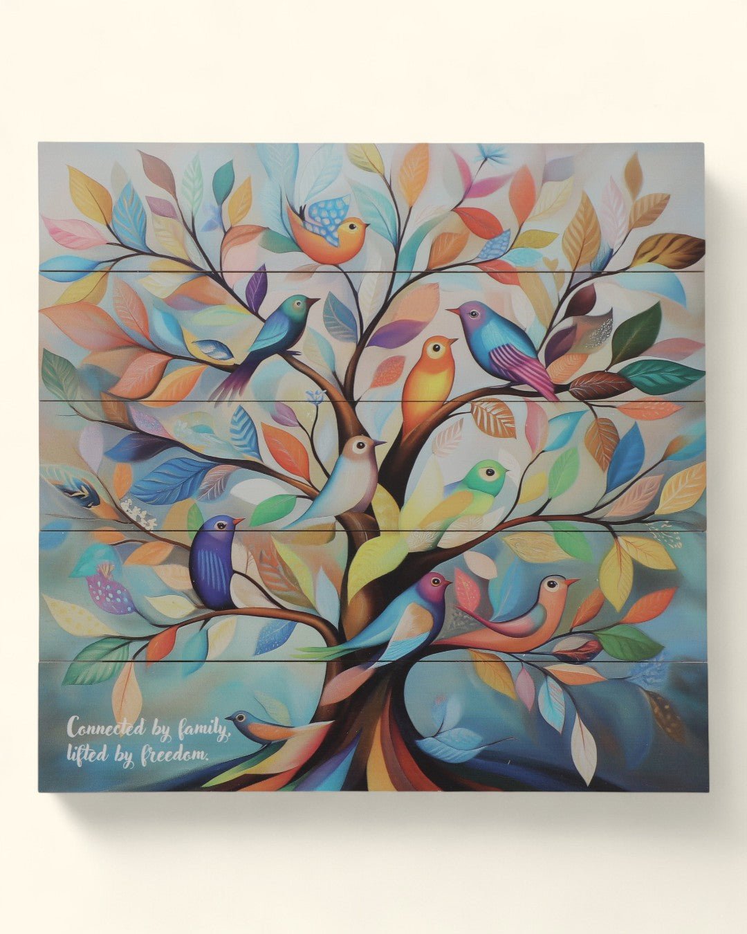Colorful Family Tree of Life Wall Art – Multicolored Birds on Wood Panel with Quote - Posters, Prints, & Visual Artwork