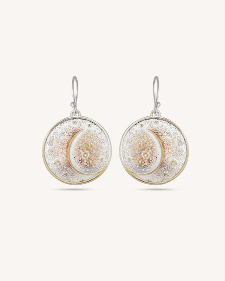 Crescent Moon Disc Earrings — Textured Silver-Plated Bronze - Earrings