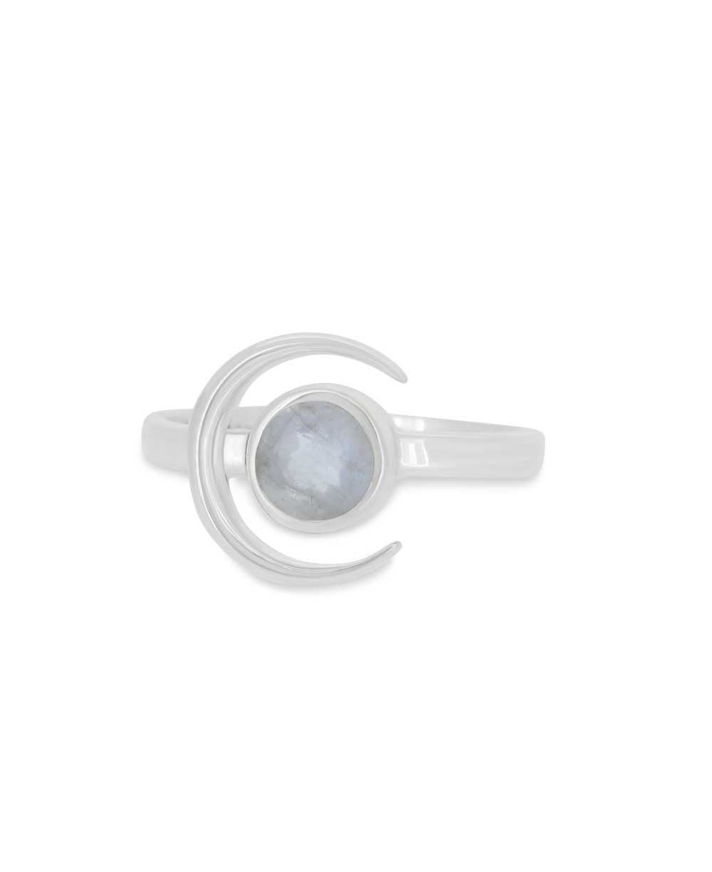 Crescent Moon Sterling Silver Rainbow Moonstone Ring - Rings Size 6