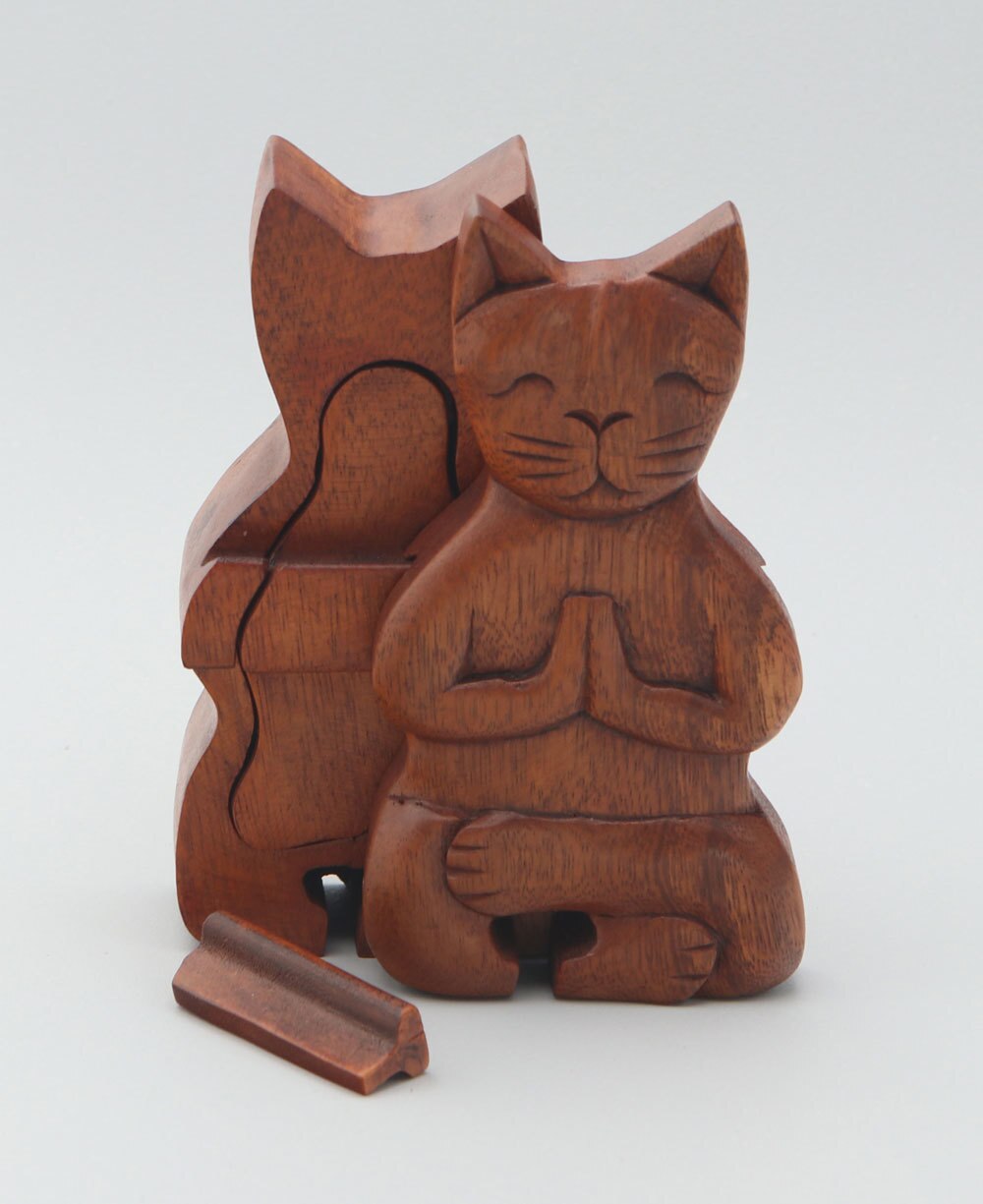 Hand Carved Namaste Cat Puzzle Box