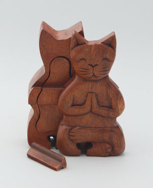 Hand Carved Namaste Cat Puzzle Box