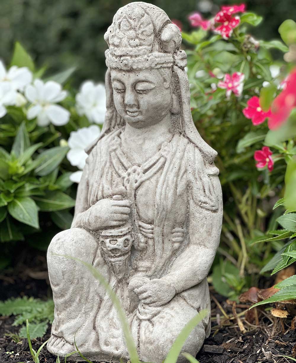 Distressed Finish Cast Stone Garden Kuan Yin Statue Made in the USA - Sculptures & Statues