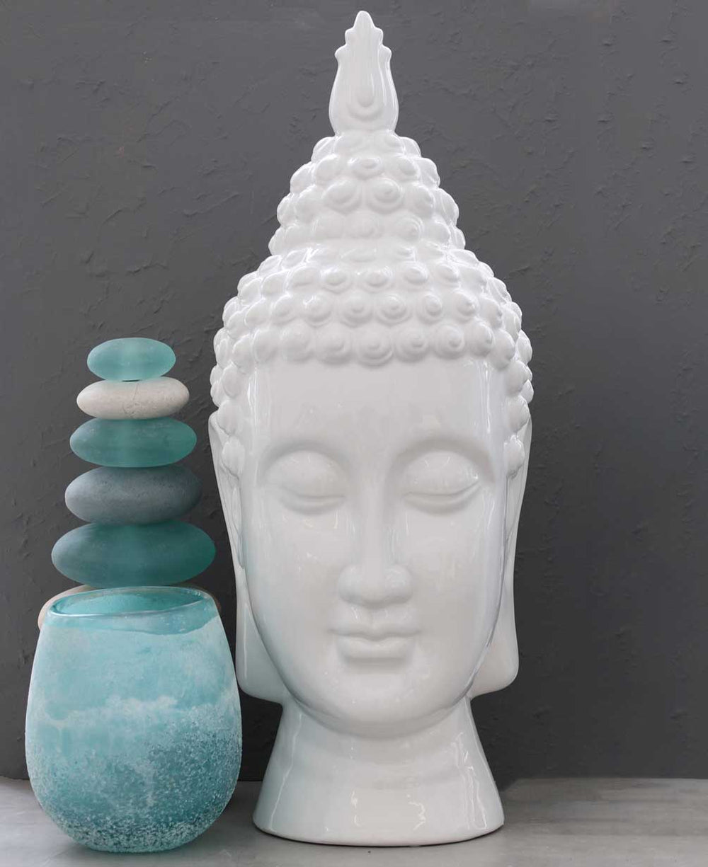 Elegant Ceramic Buddha Head Statue, 20 Inches - Sculptures & Statues