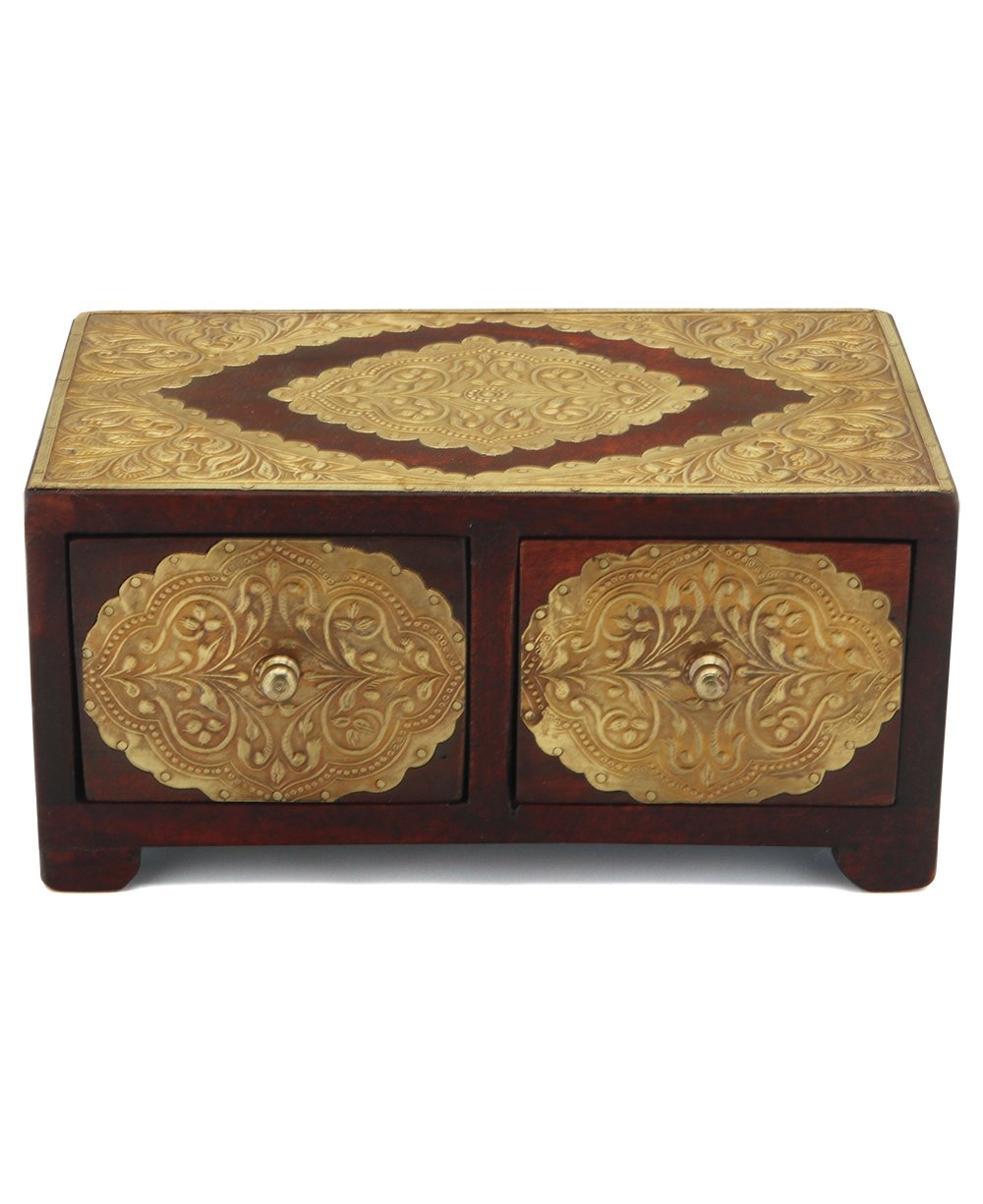 Embossed Brass and Wooden Drawers Tabletop Altar Pedestal - Decor