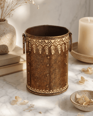 Embossed Iron Vase with Antique Finish, India - Vase