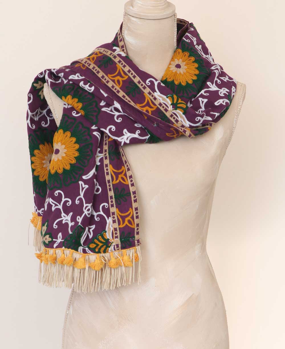 Embroidered Floral Purple Stole Shawl - Shawls