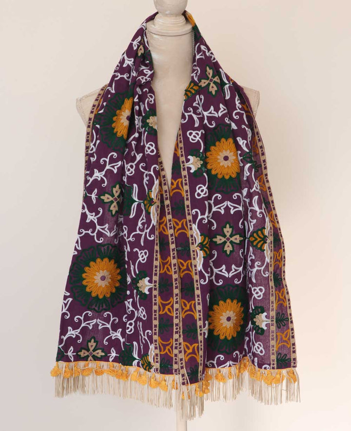 Embroidered Floral Purple Stole Shawl - Shawls