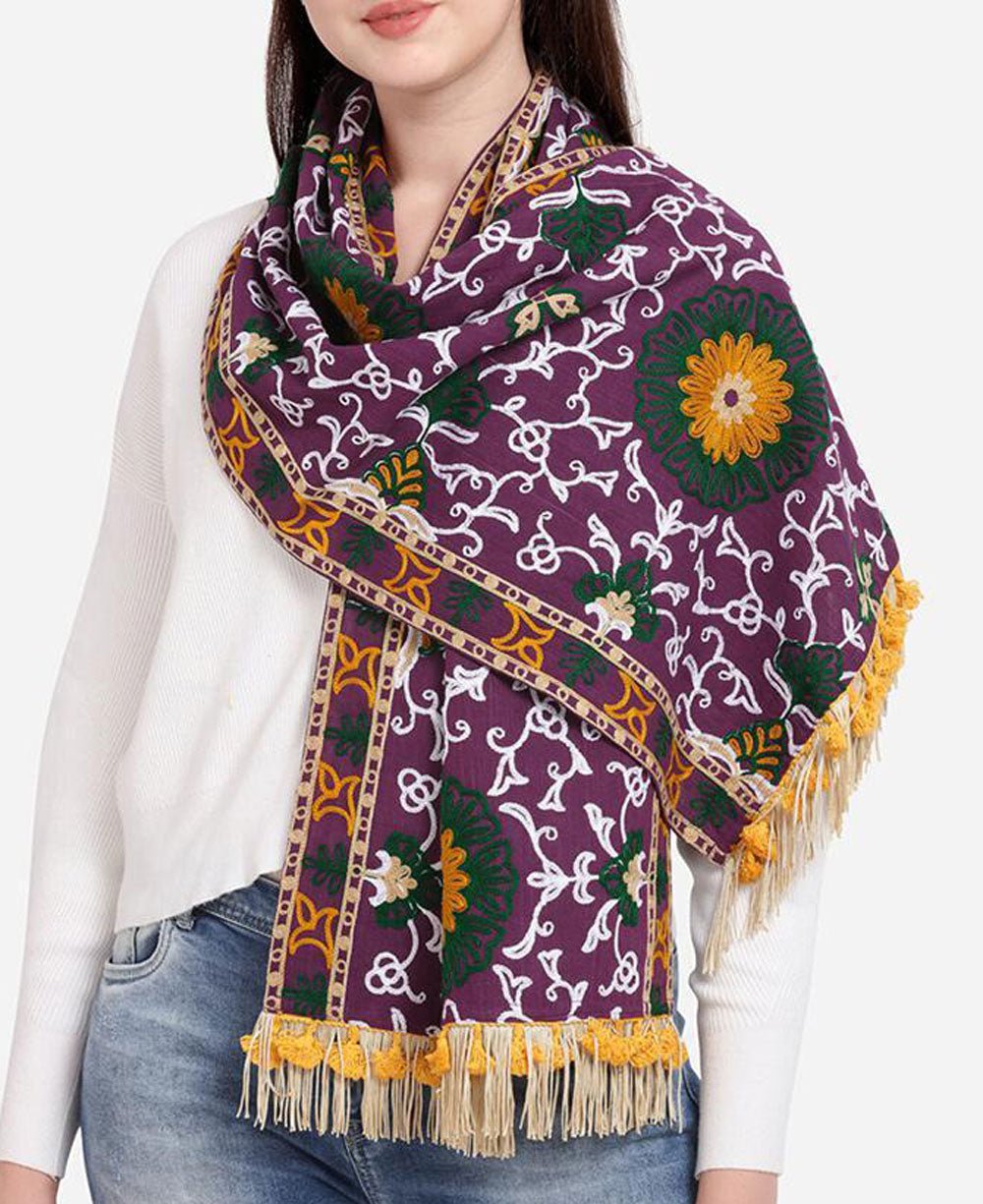 Embroidered Floral Purple Stole Shawl - Shawls