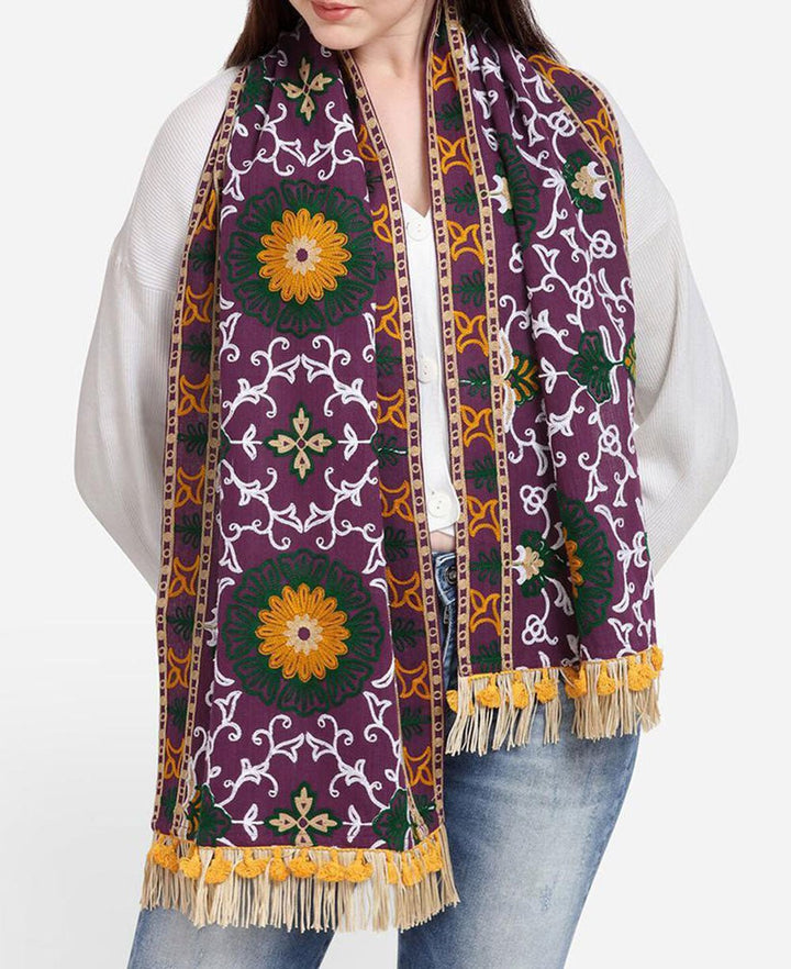 Embroidered Floral Purple Stole Shawl - Shawls