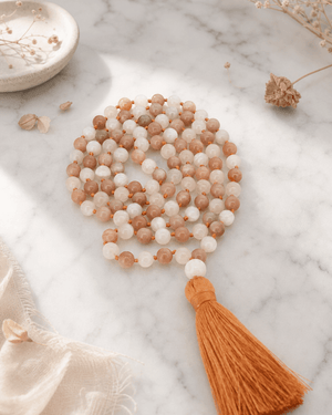 Ethereal White and Peach Moonstone Beads Meditation Knotted Mala - Prayer Beads 6mm