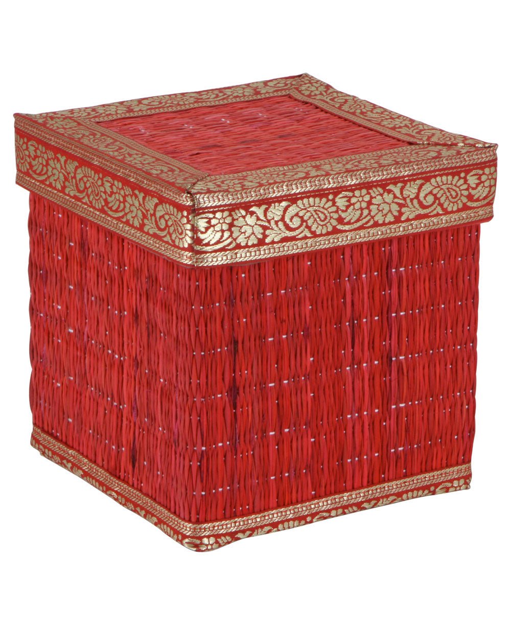 Fair Trade Seagrass Decorative Indian Border Storage Box - Boxes Red