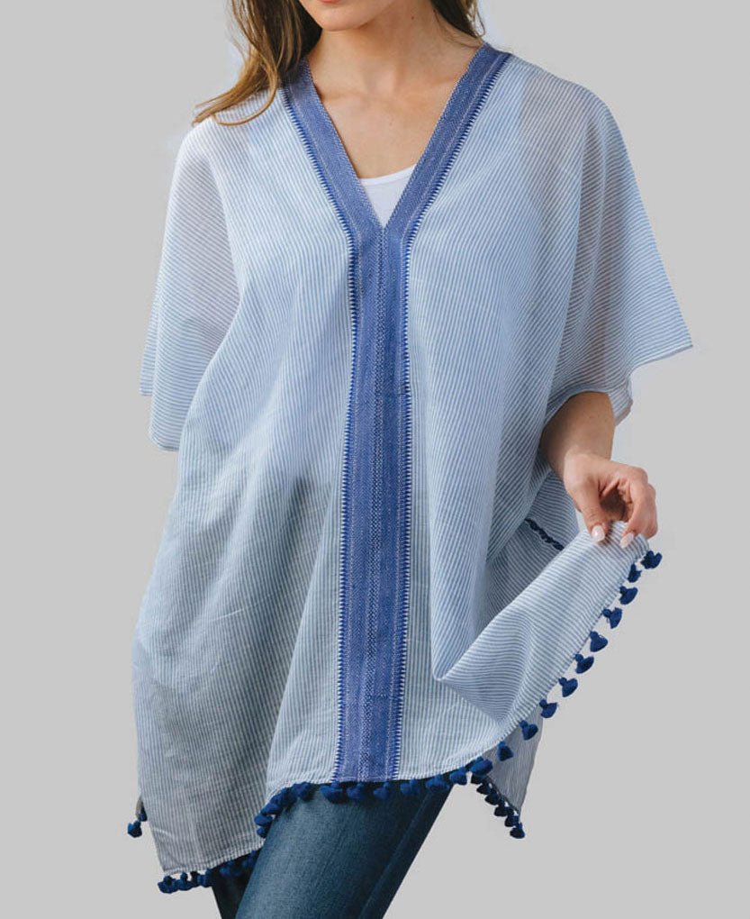 Fair Trade Striped Ravi Poncho in Blue - Apparel