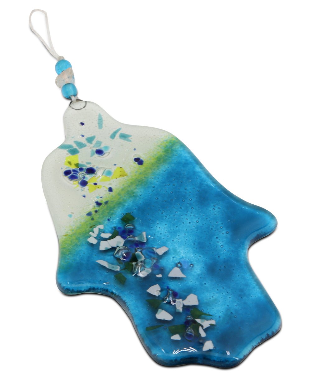 Fairtrade Artistic Hamsa Hanging Ornament in Aqua and White - Holiday Ornaments