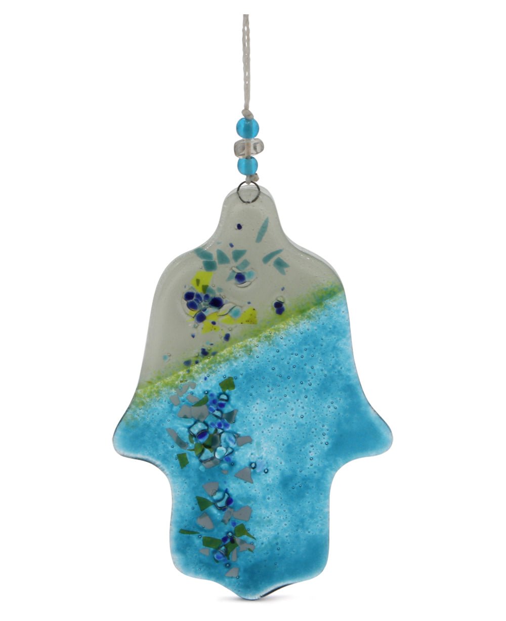 Fairtrade Artistic Hamsa Hanging Ornament in Aqua and White - Holiday Ornaments