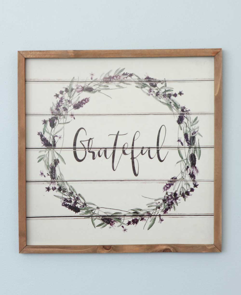 Farmhouse Design "Grateful" Lavender Floral Wreath Wall Art with Wood Frame - Wall Art