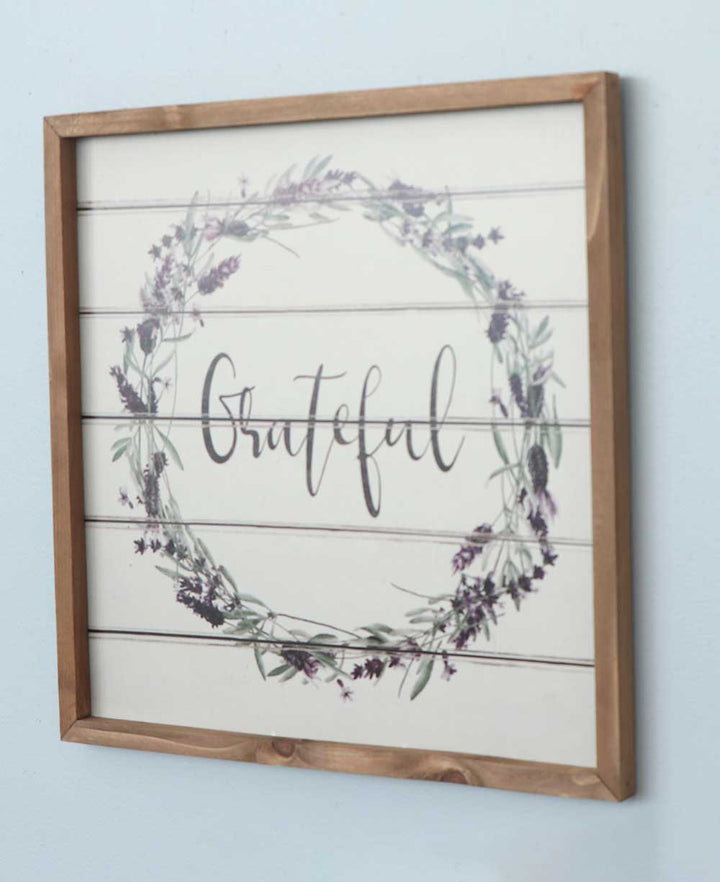 Farmhouse Design "Grateful" Lavender Floral Wreath Wall Art with Wood Frame - Wall Art