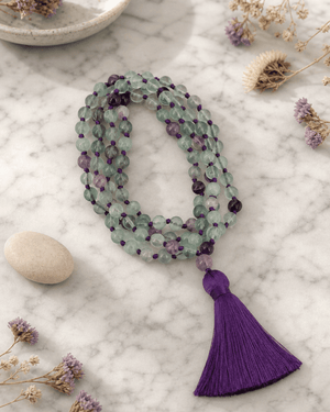 Fluorite Gemstone Meditation Mala, Knotted 108 Beads - Prayer Beads 6mm