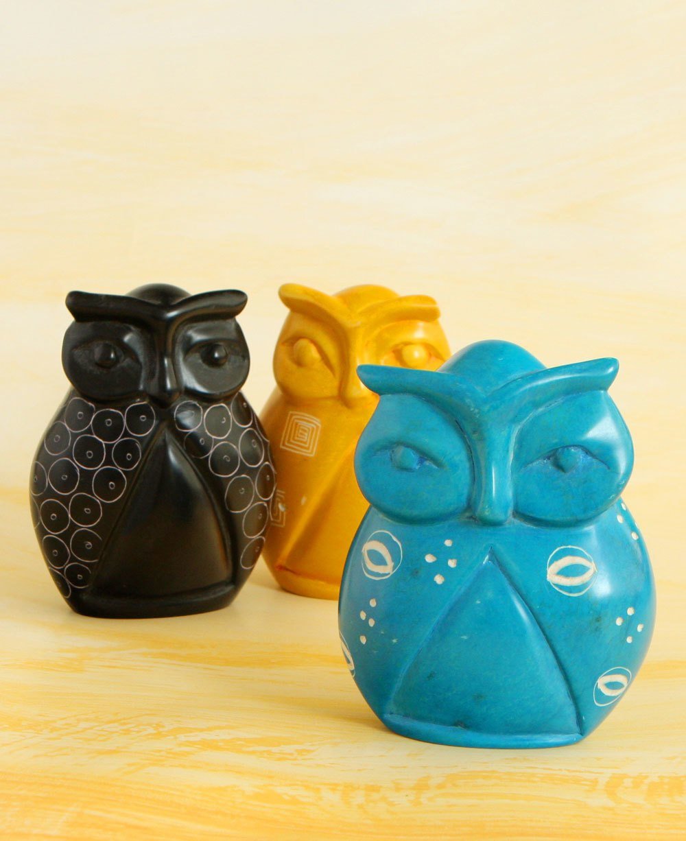 Friendly African Soapstone Owl Statue - Sculptures & Statues Blue