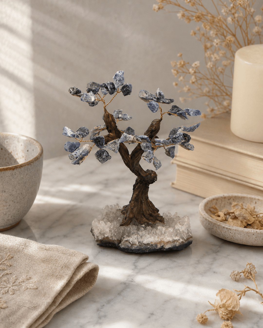 bonsai tree figurines Gemstone Bonsai Tree With Quartz and Blue Sodalite – Buddha Groove