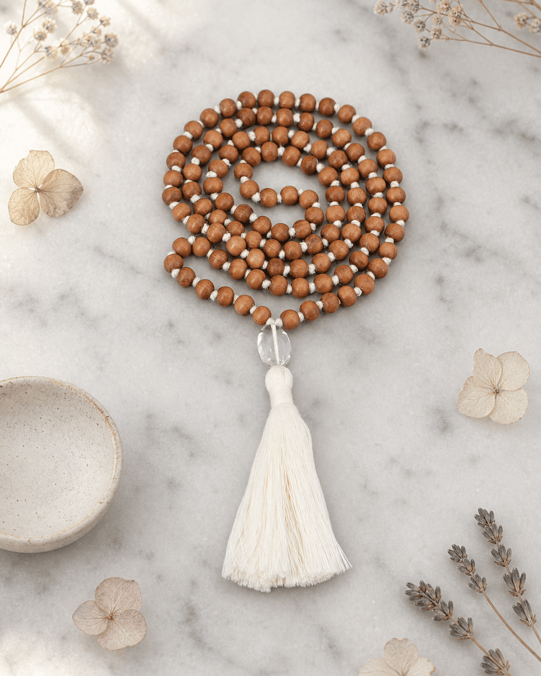 Gentle Sandalwood Beads Meditation Mala, Knotted - Prayer Beads