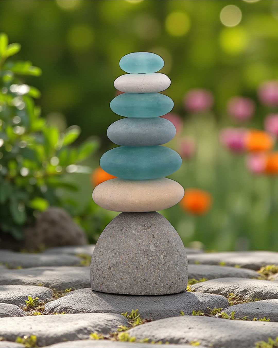 Glass and Stone Cairn Garden Statue – Frosted Glass and Rock Tower - Sculptures & Statues