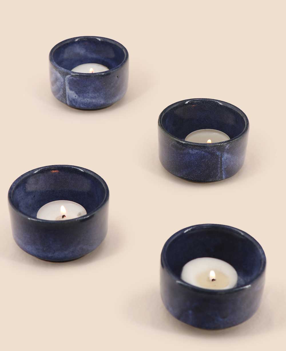 Glazed Ceramic Tea - light Candle Holders, Set of 4 - Candle Holders