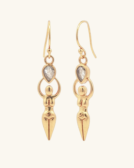 Sacred Feminine Goddess Earrings with moonstone teardrop set in gold-plated brass, pair shown front view on white background
