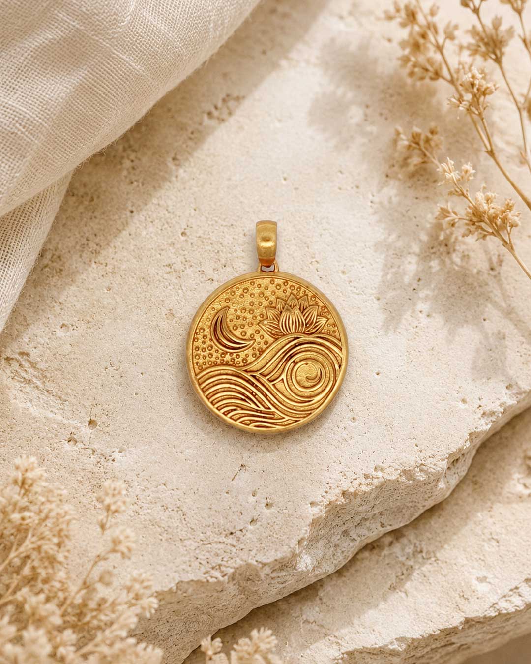 Gold plated brass lotus moon and wave pendant displayed face-up on a textured stone surface with dried botanicals