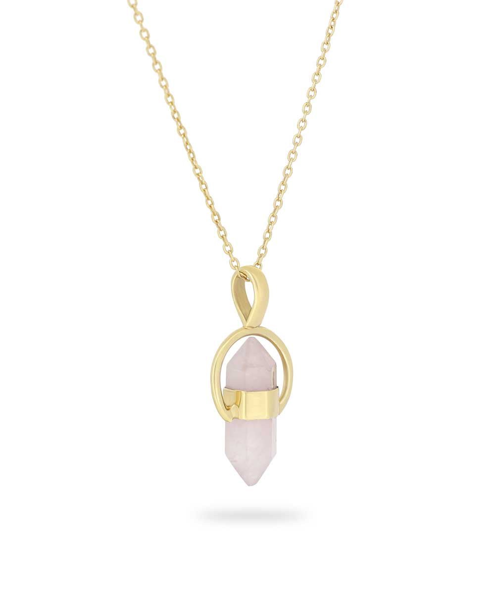 Gold Plated Brass Rose Quartz Point Necklace - Necklaces