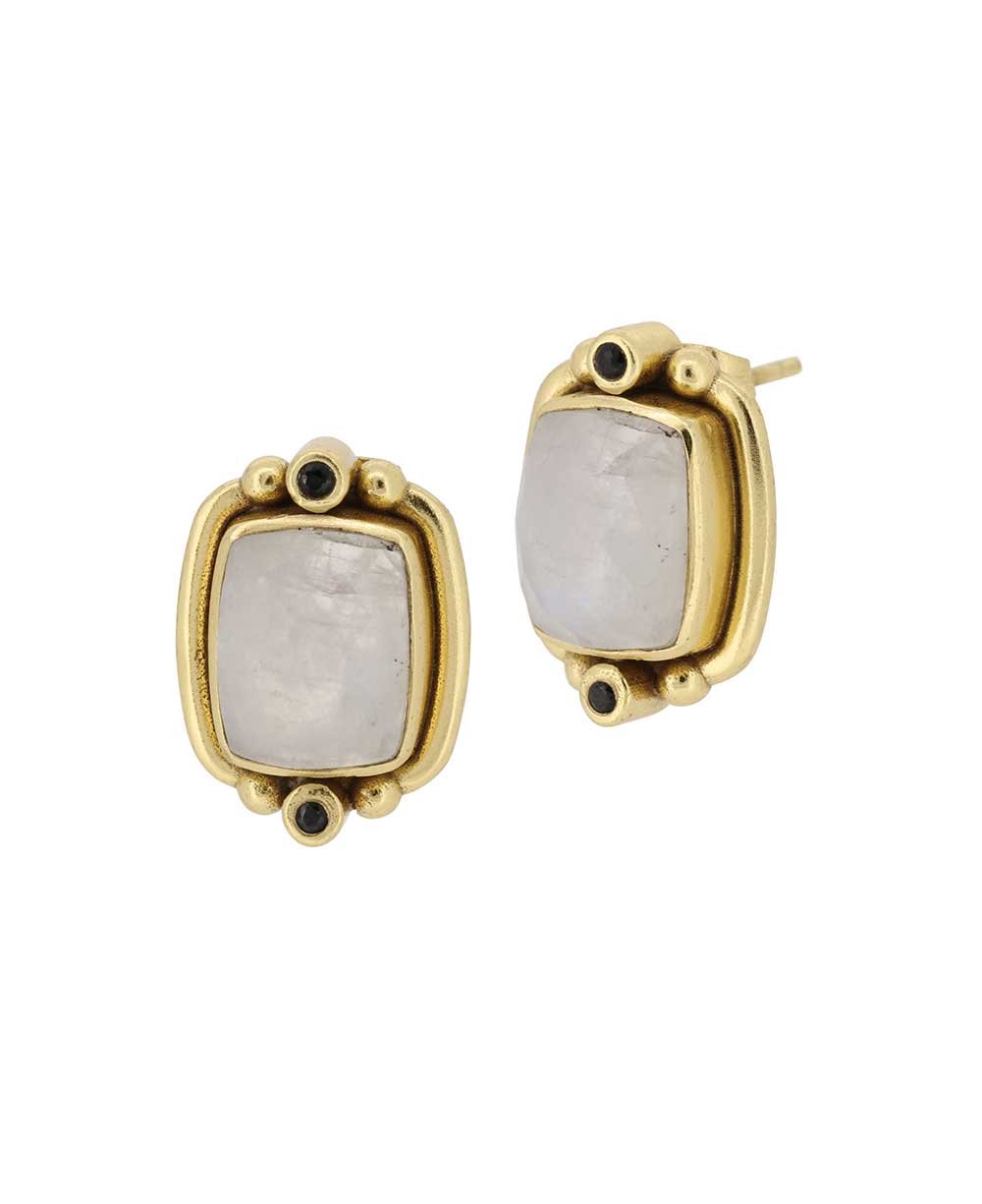 Gold - Plated Earrings with Moonstone and Black Spinel Beads - Earrings