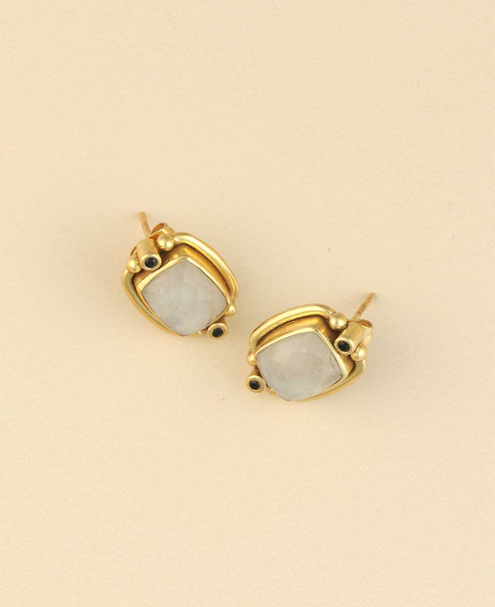 Gold - Plated Earrings with Moonstone and Black Spinel Beads - Earrings