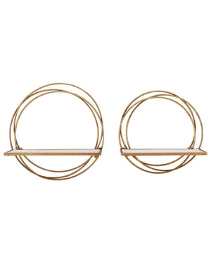 Golden Rings Floating Wall Shelves — Set of 2 Whitewash Wood & Gold Metal Decor - Wall Decor