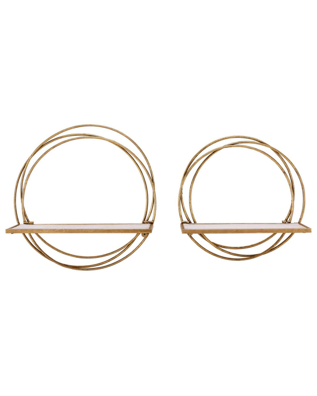 Set of two golden rings floating wall shelves on white background showing whitewash wood ledges and layered gold metal ring frames