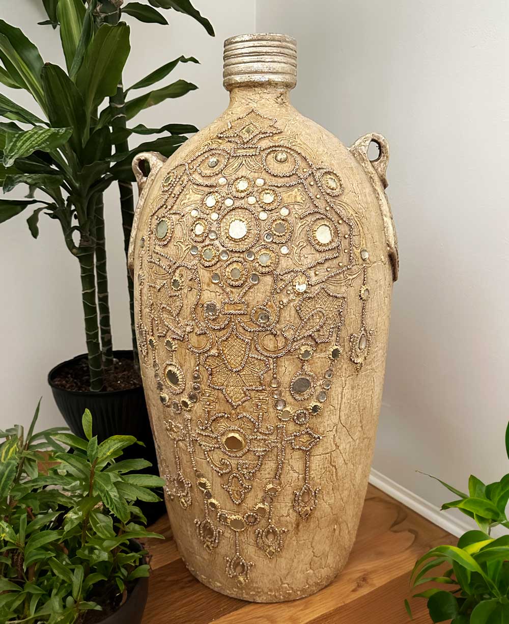 Grand Terra - Cotta Vase with Hand - Painted Embossed Detailing, 24" High - Vase