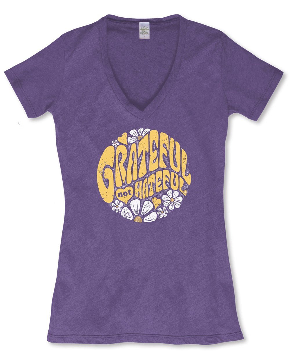 Grateful Not Hateful Purple V - Neck T-Shirt - Shirts and Tops L