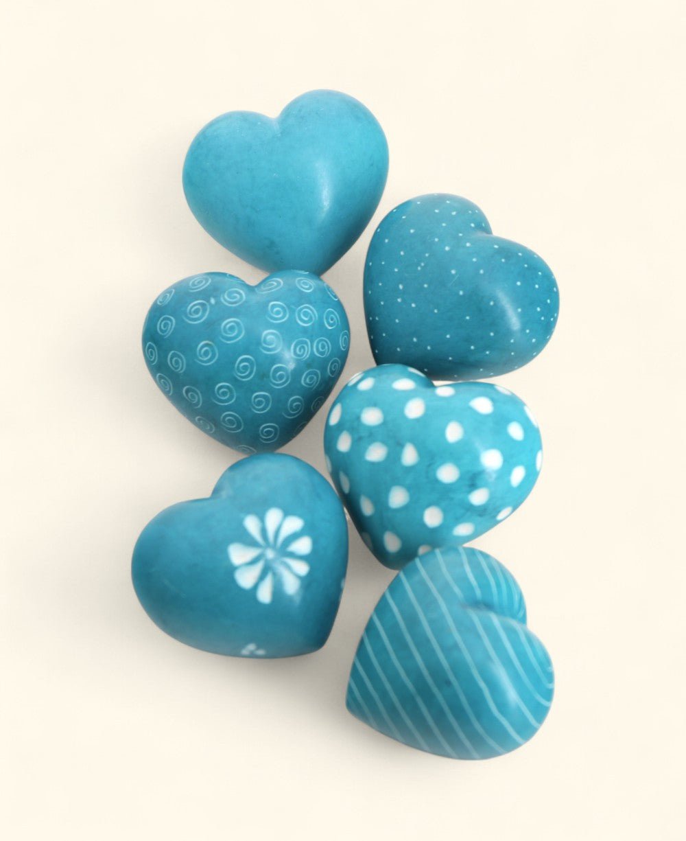 Hand - Carved Aqua Soapstone Heart Set – Etched Decorative Tokens from Kenya (Set of 6) - Decor