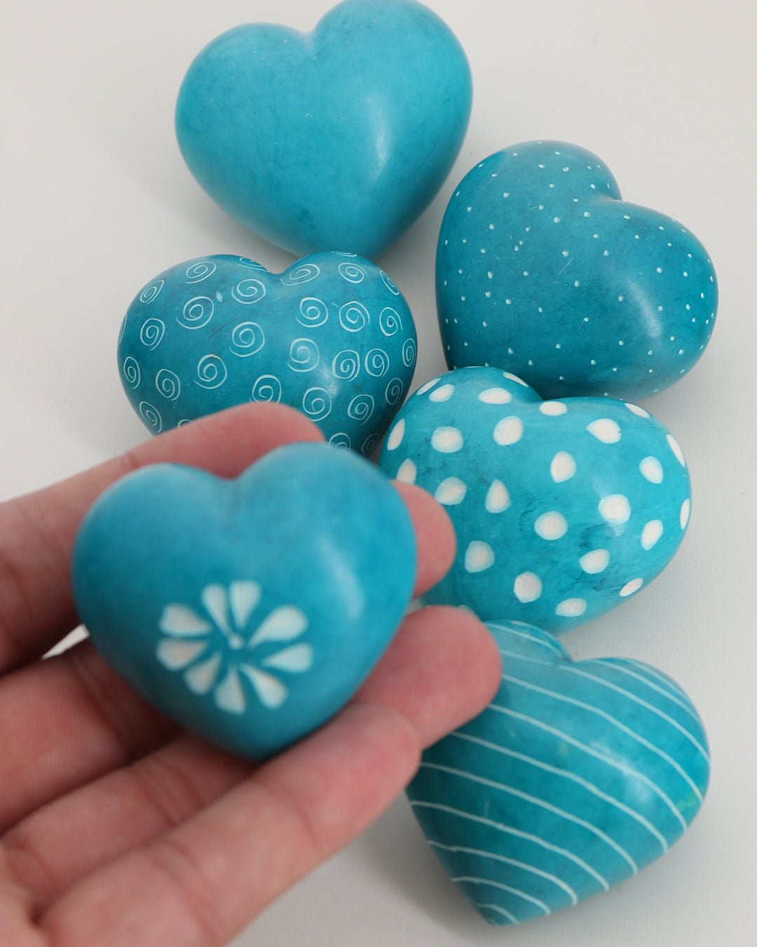 Hand - Carved Aqua Soapstone Heart Set – Etched Decorative Tokens from Kenya (Set of 6) - Decor